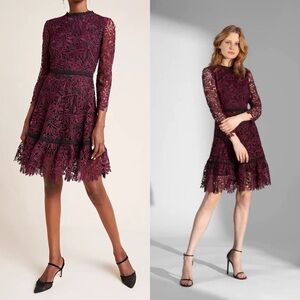 Shoshanna Dark Red Floral Lace Dress